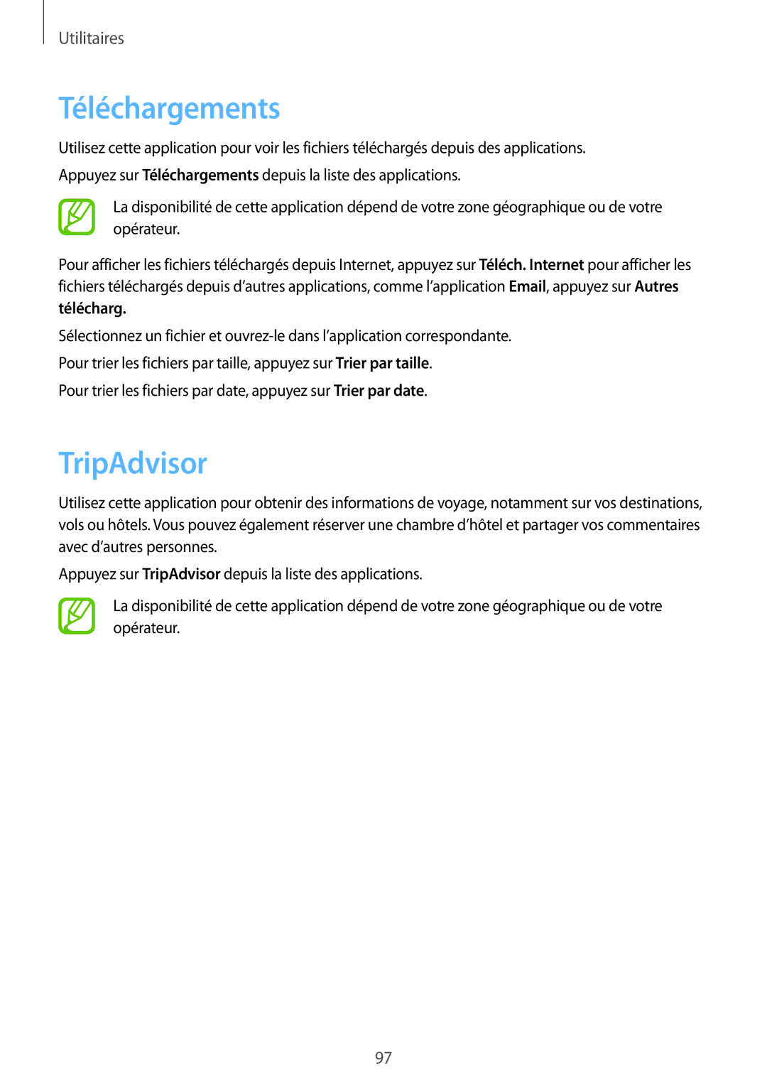 Samsung SM-T3100ZWAXEF, SM-T3100MKAXEF, SM-T3100MKEFNC manual Téléchargements, TripAdvisor 