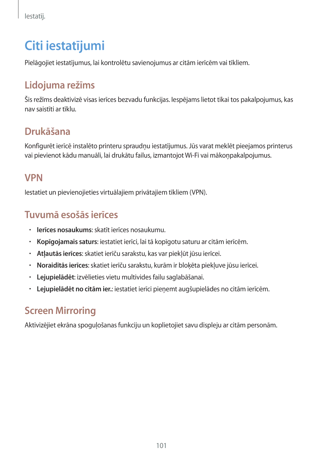 Samsung SM-T3100MKASEB manual Citi iestatījumi, Lidojuma režīms, Drukāšana, Tuvumā esošās ierīces, Screen Mirroring 