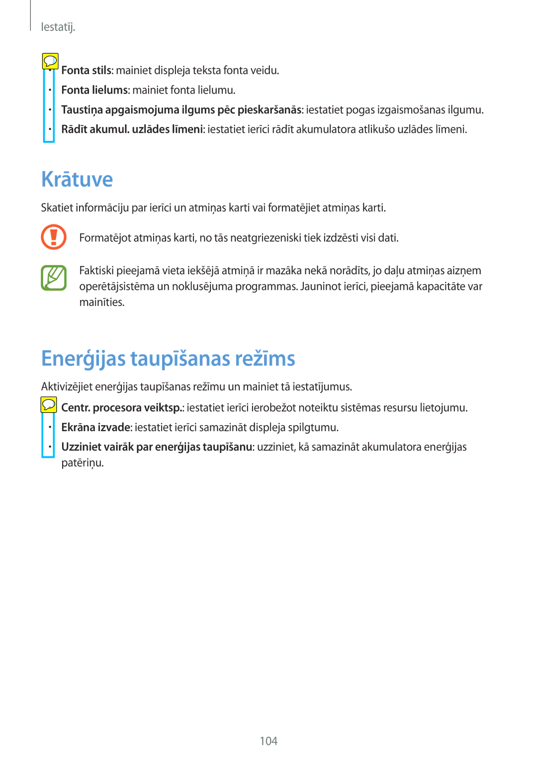 Samsung SM-T3100ZWASEB, SM-T3100MKASEB manual Krātuve, Enerģijas taupīšanas režīms 