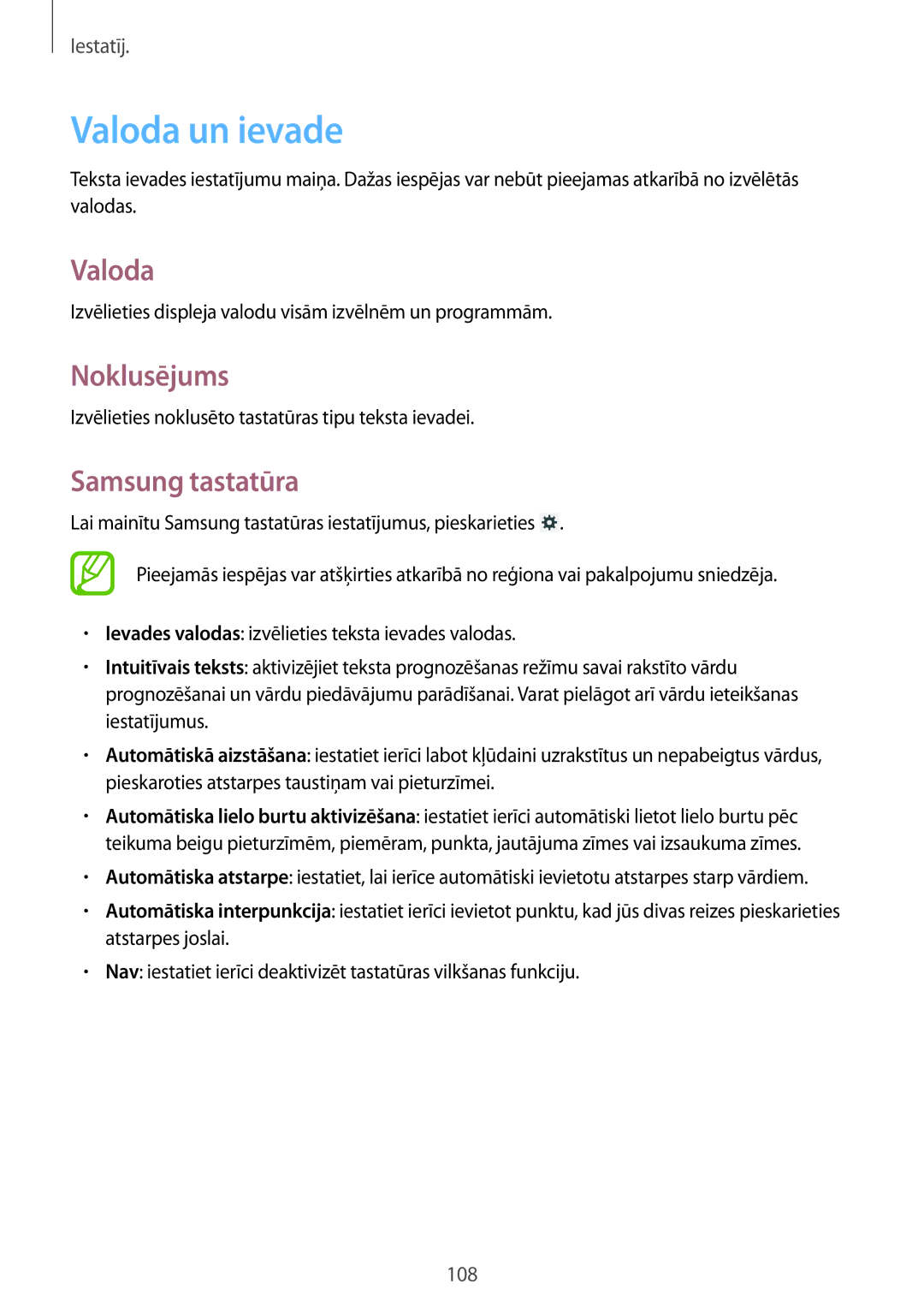 Samsung SM-T3100ZWASEB, SM-T3100MKASEB manual Valoda un ievade, Noklusējums, Samsung tastatūra 