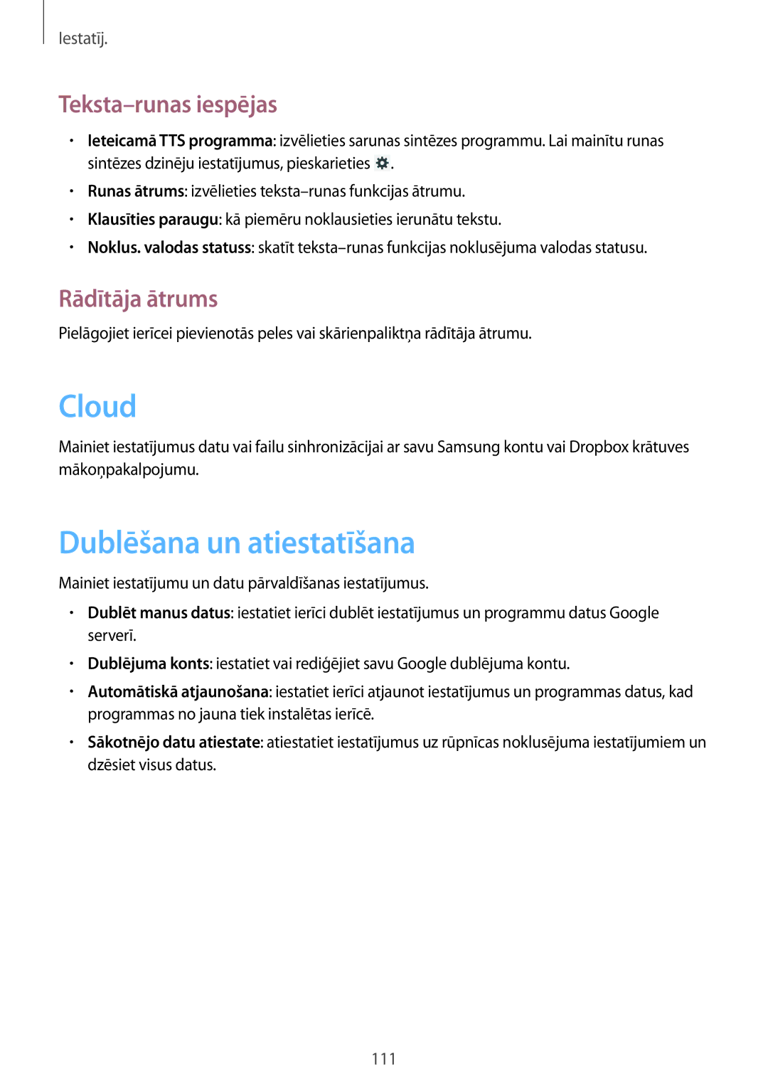 Samsung SM-T3100MKASEB, SM-T3100ZWASEB manual Dublēšana un atiestatīšana, Teksta-runas iespējas, Rādītāja ātrums 