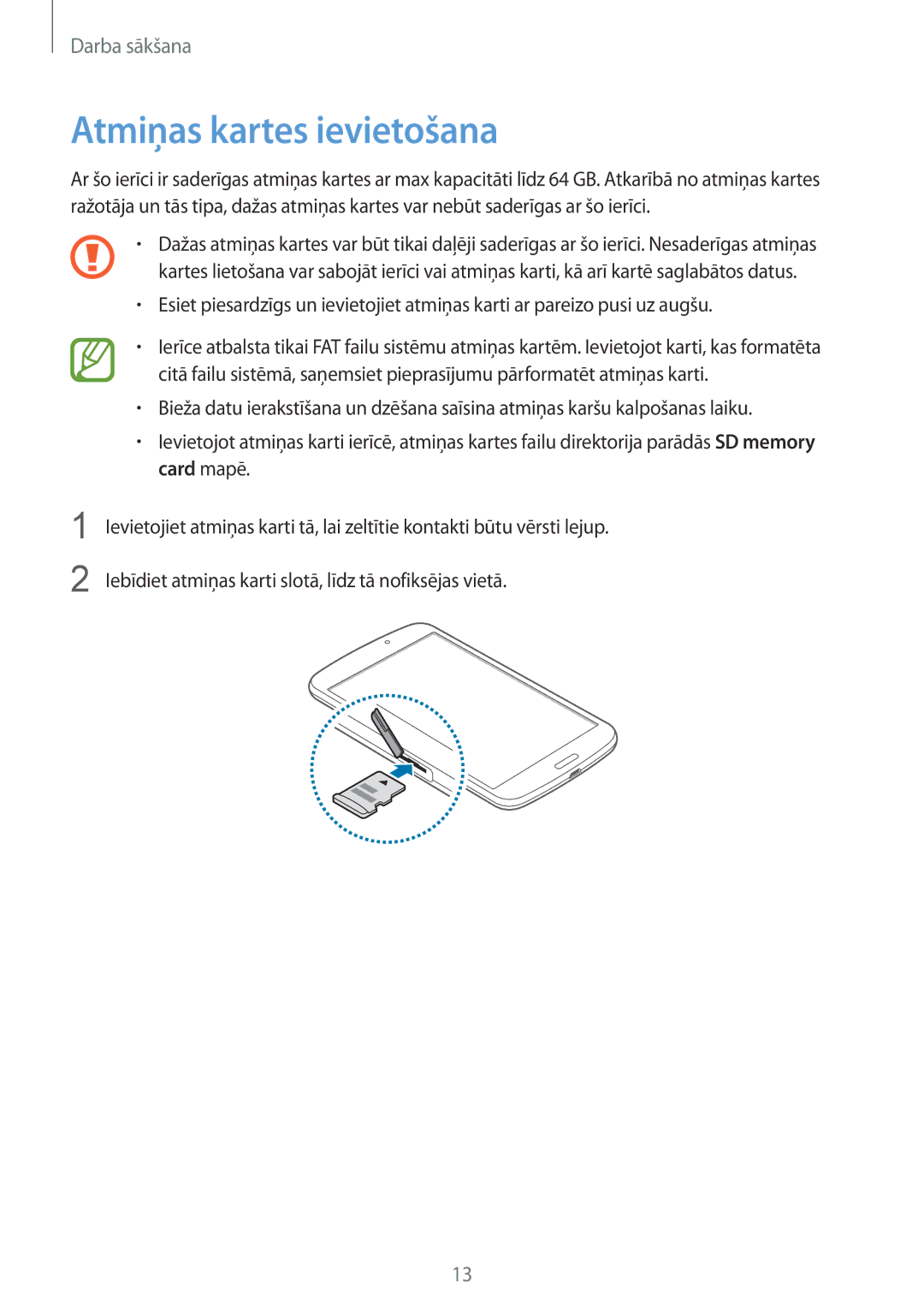 Samsung SM-T3100MKASEB, SM-T3100ZWASEB manual Atmiņas kartes ievietošana 