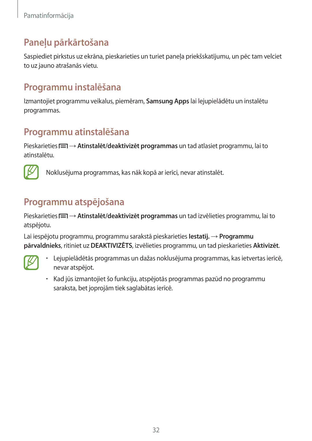 Samsung SM-T3100ZWASEB, SM-T3100MKASEB manual Programmu instalēšana, Programmu atinstalēšana, Programmu atspējošana 