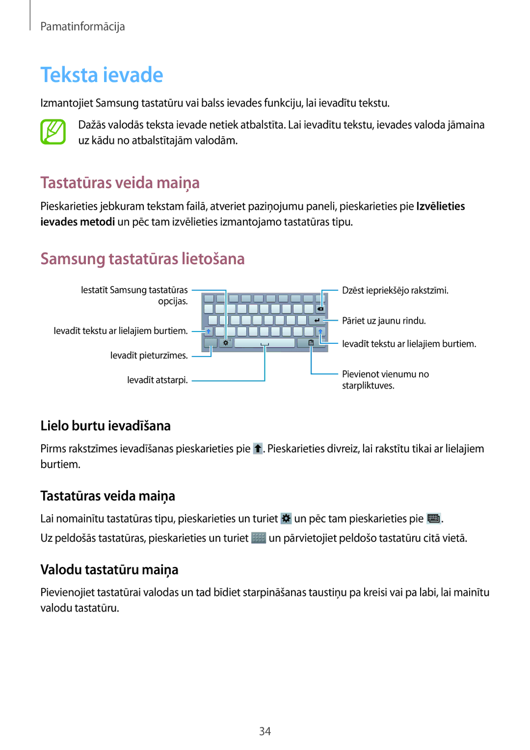 Samsung SM-T3100ZWASEB, SM-T3100MKASEB manual Teksta ievade, Tastatūras veida maiņa, Samsung tastatūras lietošana 