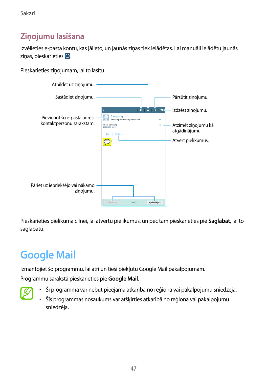 Samsung SM-T3100MKASEB, SM-T3100ZWASEB manual Google Mail, Ziņojumu lasīšana 