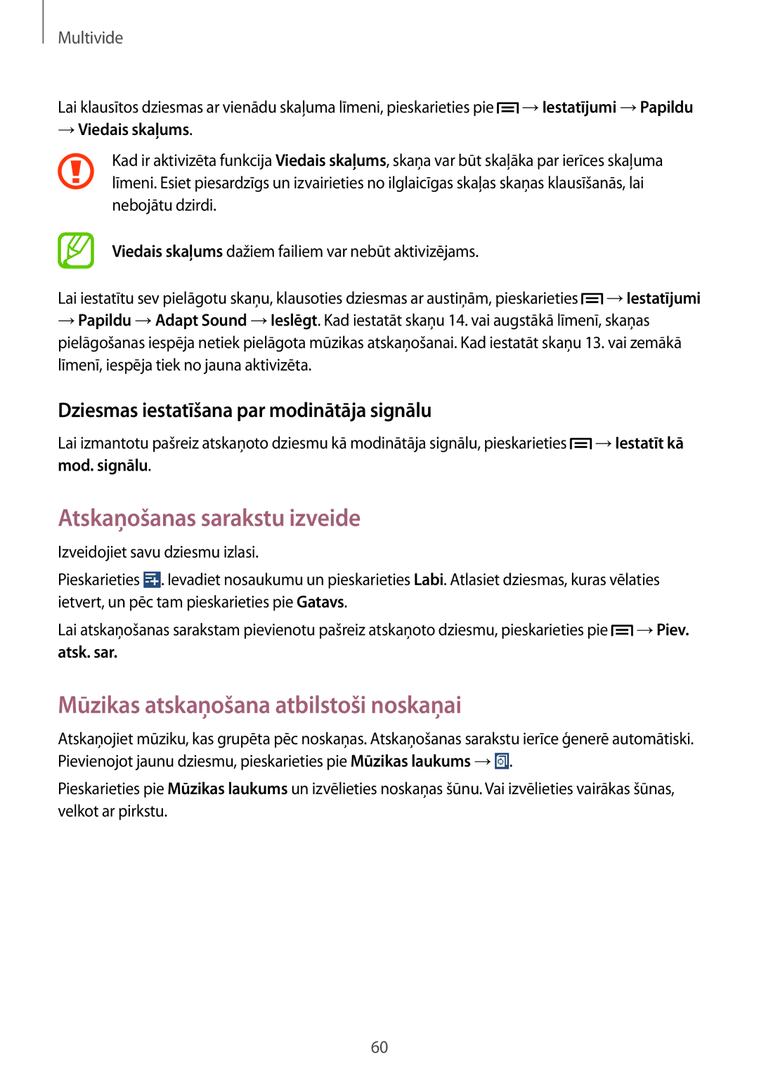 Samsung SM-T3100ZWASEB manual Atskaņošanas sarakstu izveide, Mūzikas atskaņošana atbilstoši noskaņai, → Viedais skaļums 