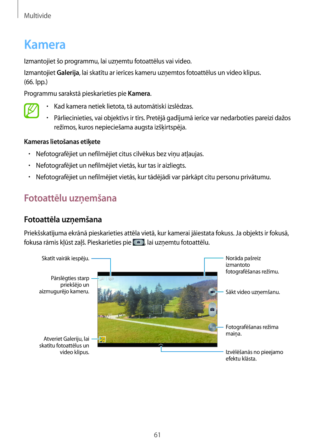 Samsung SM-T3100MKASEB, SM-T3100ZWASEB manual Fotoattēlu uzņemšana, Fotoattēla uzņemšana, Kameras lietošanas etiķete 