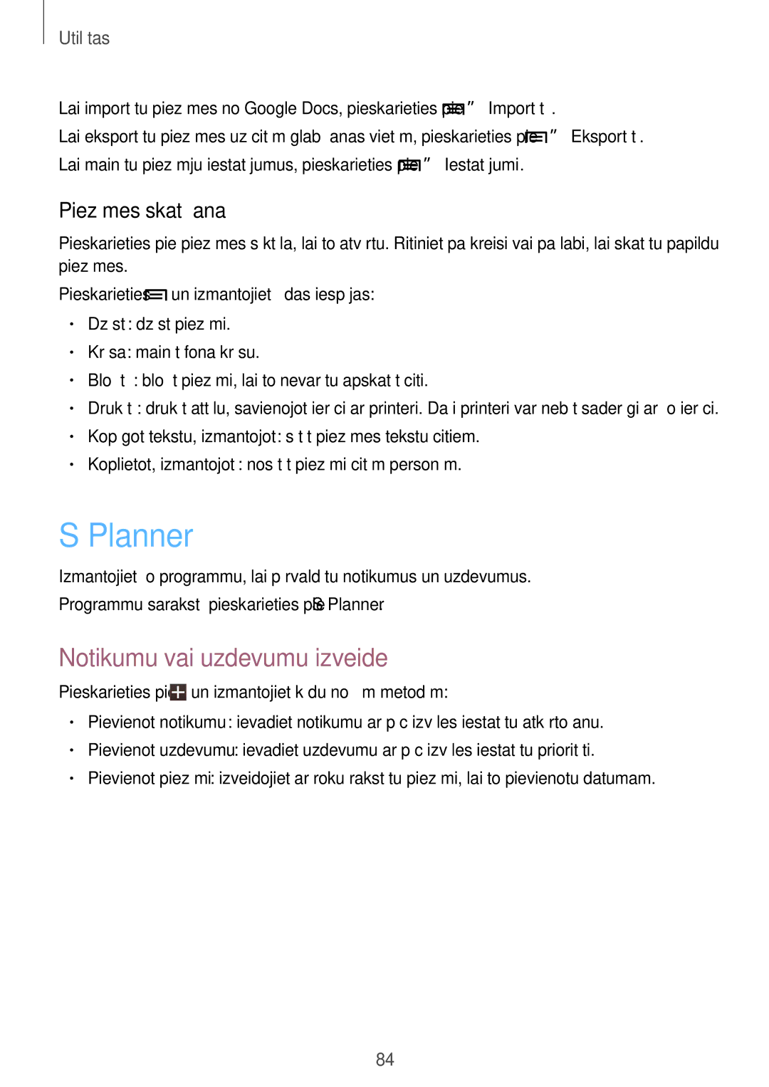 Samsung SM-T3100ZWASEB, SM-T3100MKASEB manual Planner, Notikumu vai uzdevumu izveide, Piezīmes skatīšana 