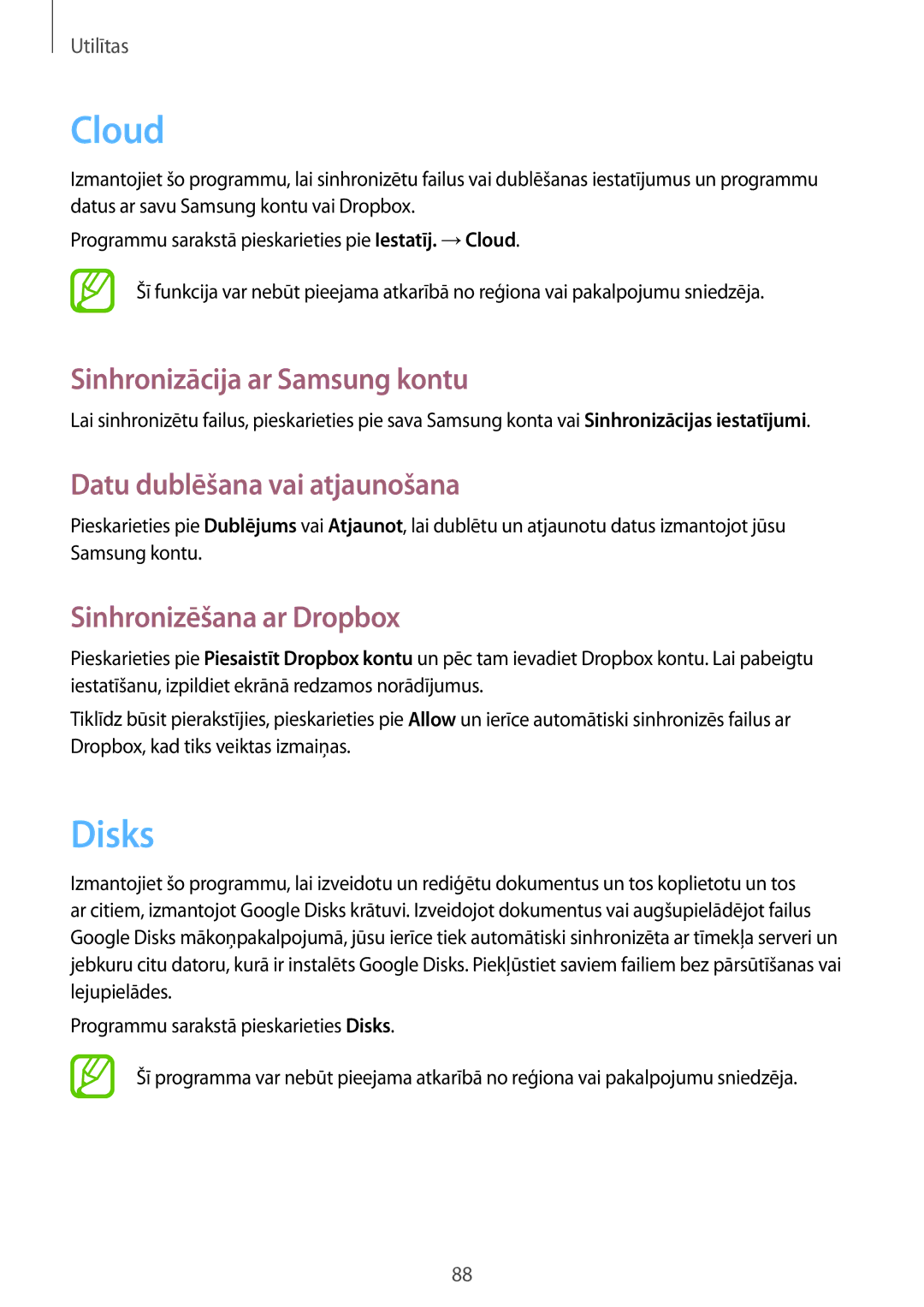 Samsung SM-T3100ZWASEB, SM-T3100MKASEB manual Cloud, Disks, Sinhronizācija ar Samsung kontu, Datu dublēšana vai atjaunošana 