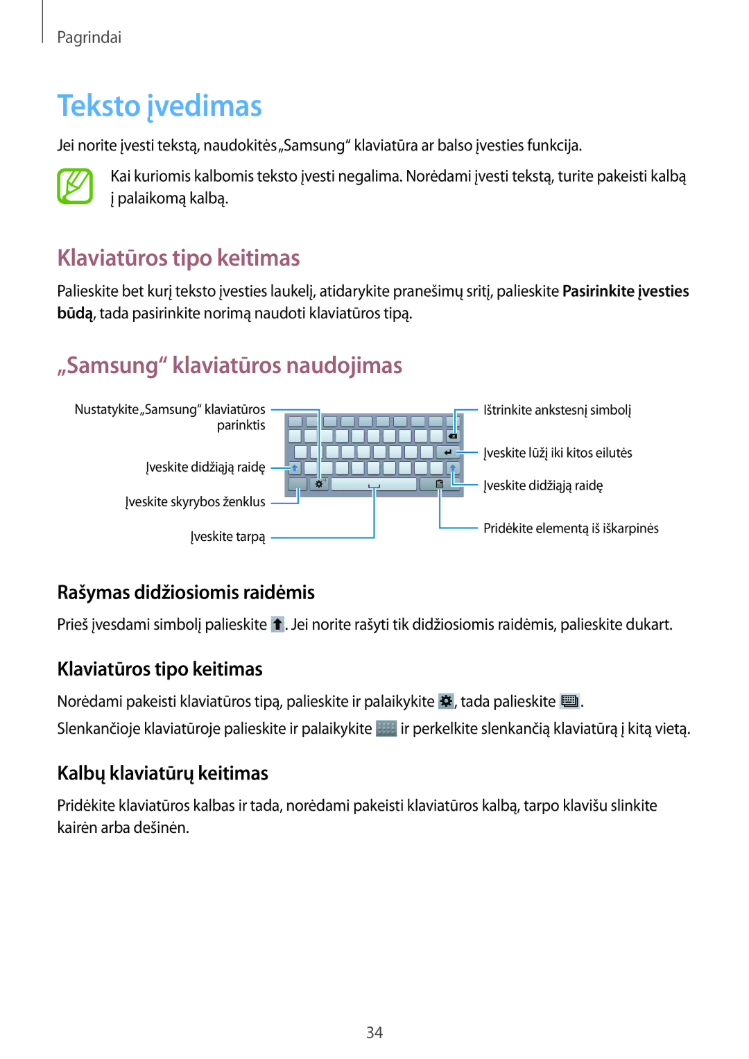 Samsung SM-T3100ZWASEB, SM-T3100MKASEB manual Teksto įvedimas, Klaviatūros tipo keitimas, „Samsung klaviatūros naudojimas 