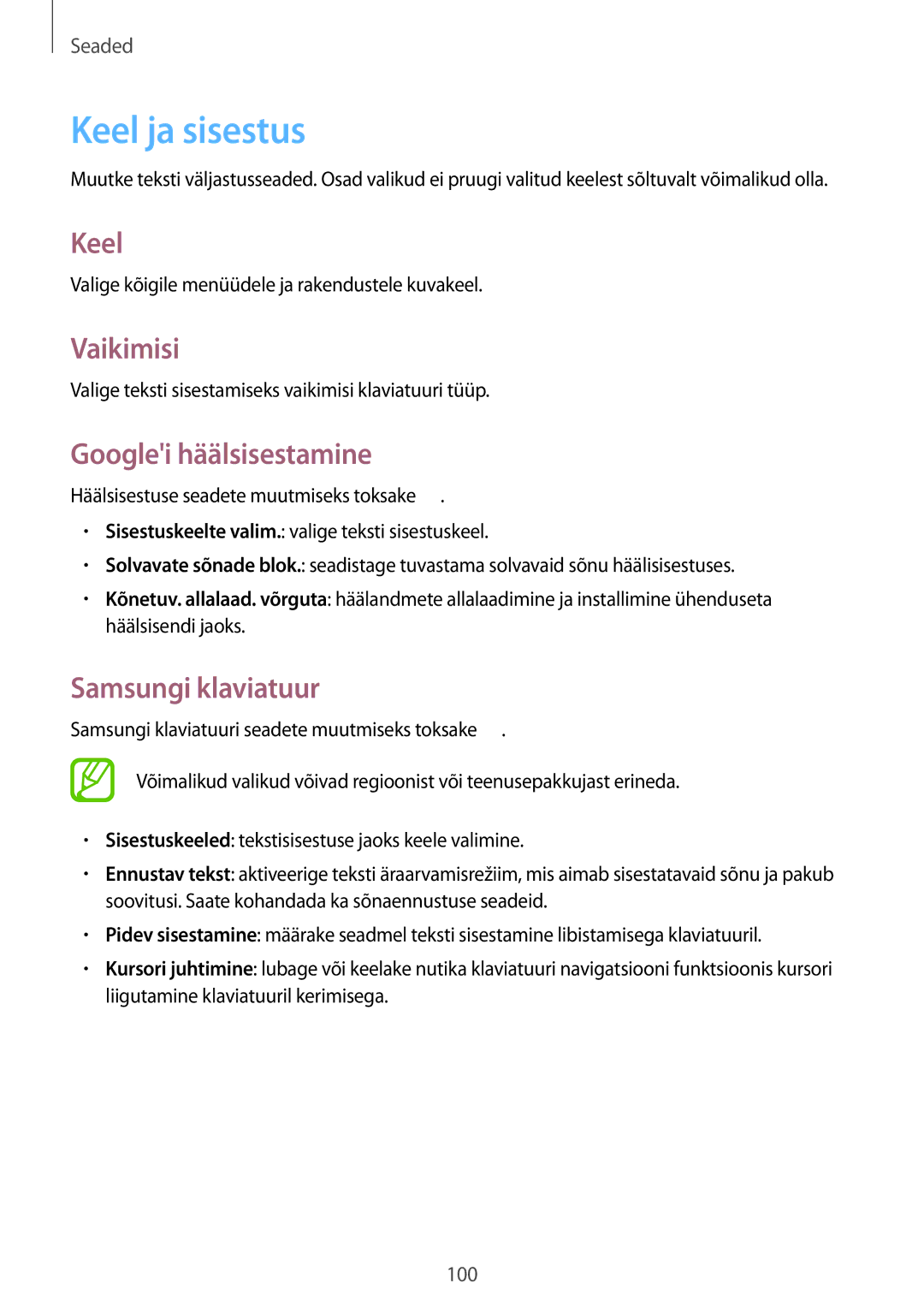 Samsung SM-T3100ZWASEB, SM-T3100MKASEB manual Keel ja sisestus, Vaikimisi, Googlei häälsisestamine, Samsungi klaviatuur 