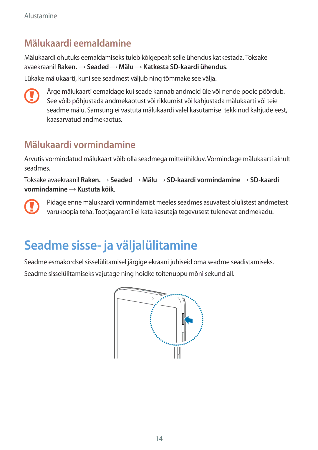 Samsung SM-T3100ZWASEB, SM-T3100MKASEB Seadme sisse- ja väljalülitamine, Mälukaardi eemaldamine, Mälukaardi vormindamine 