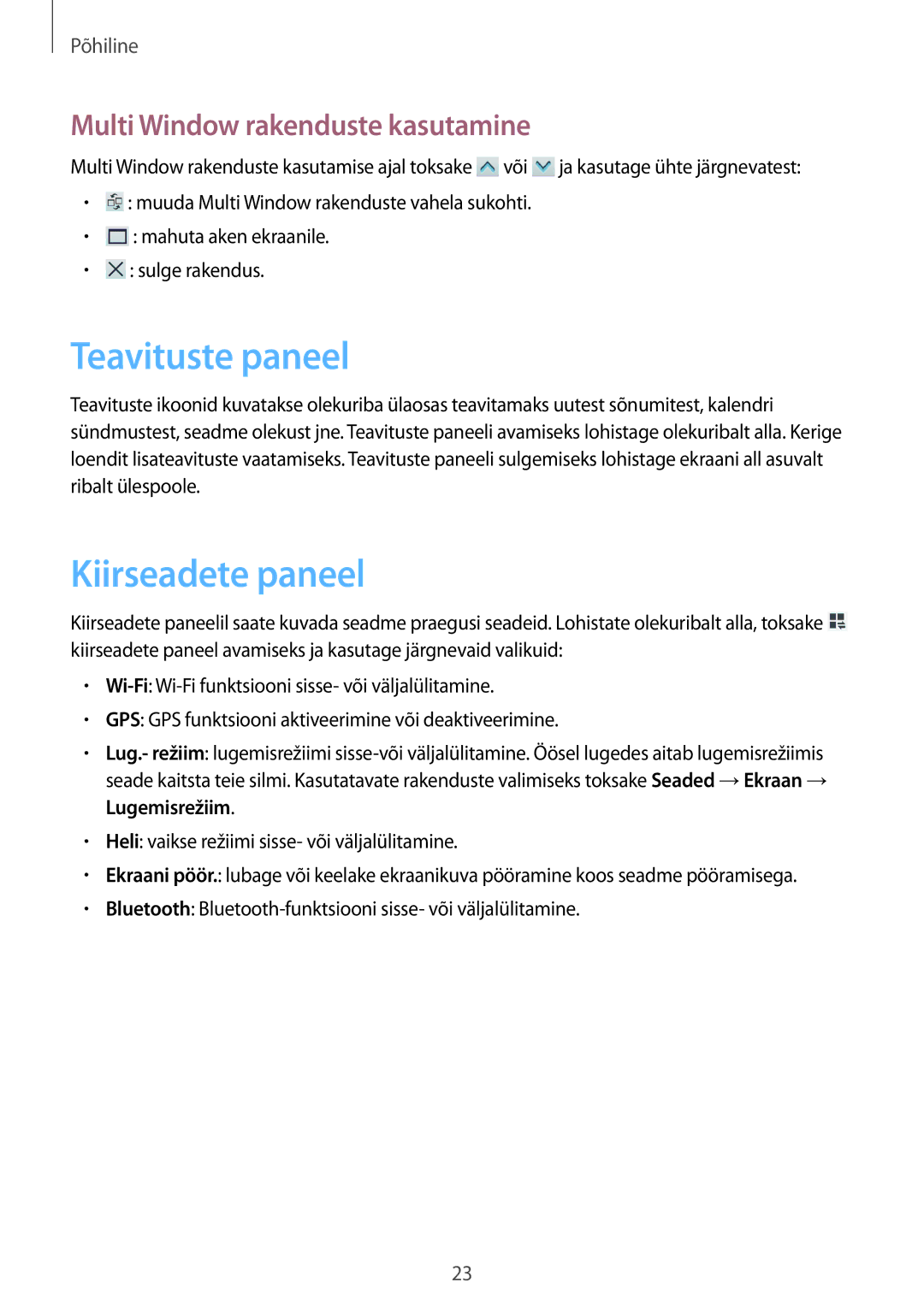 Samsung SM-T3100MKASEB, SM-T3100ZWASEB manual Teavituste paneel, Kiirseadete paneel, Multi Window rakenduste kasutamine 
