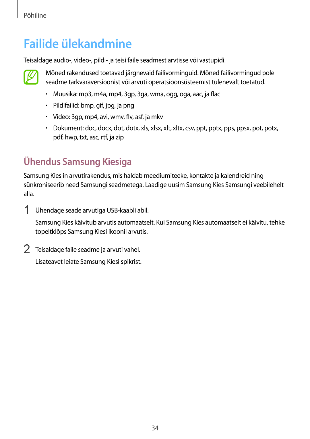 Samsung SM-T3100ZWASEB, SM-T3100MKASEB manual Failide ülekandmine, Ühendus Samsung Kiesiga 