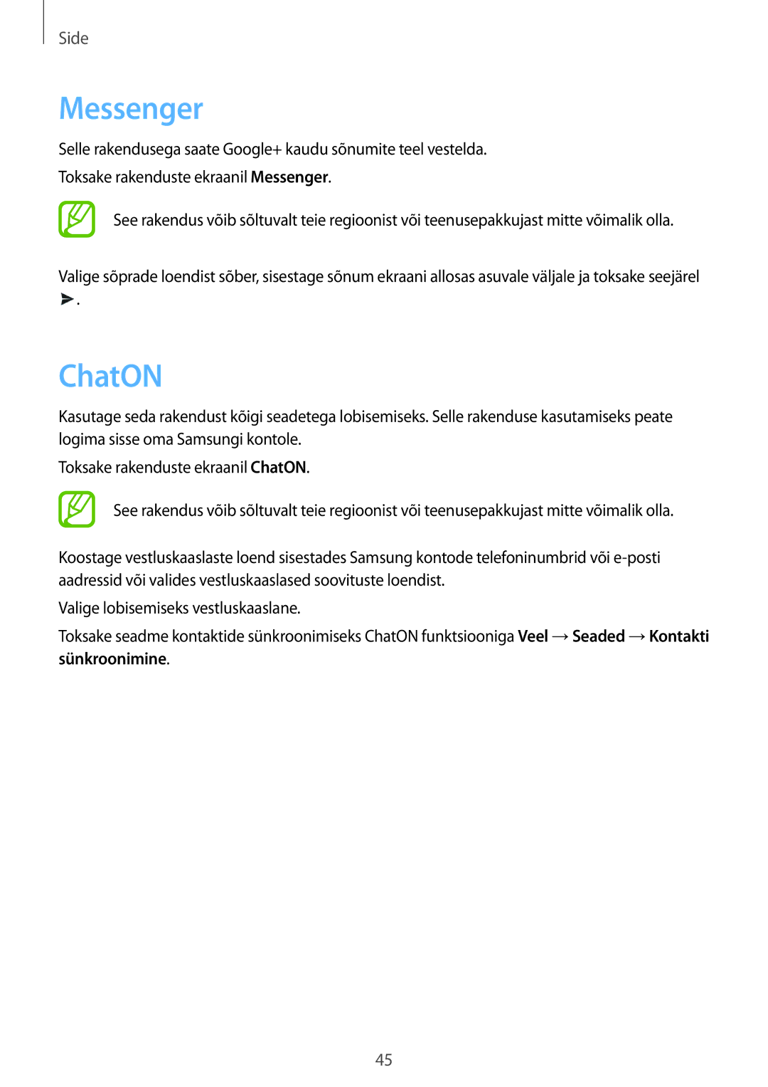 Samsung SM-T3100MKASEB, SM-T3100ZWASEB manual Messenger, ChatON, Sünkroonimine 