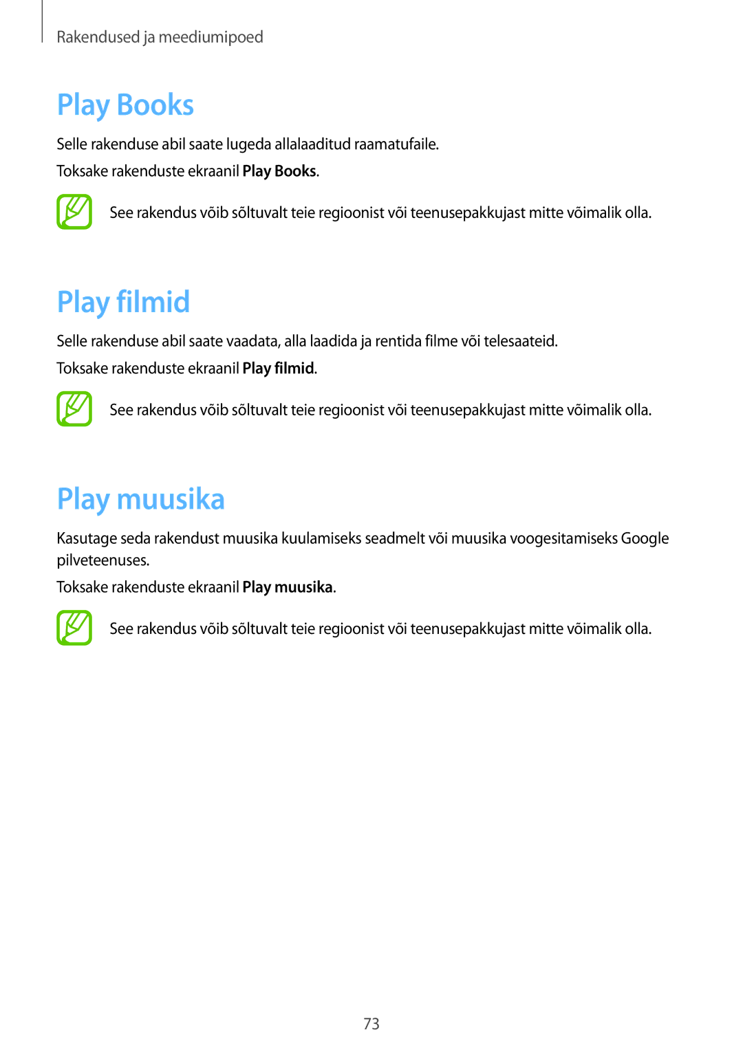 Samsung SM-T3100MKASEB, SM-T3100ZWASEB manual Play Books, Play filmid, Play muusika 