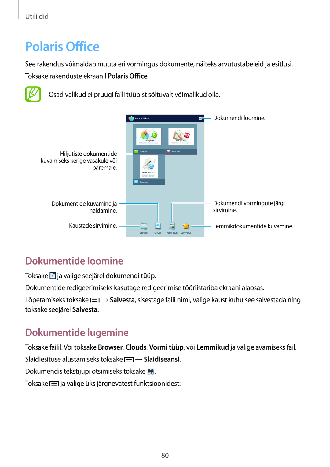 Samsung SM-T3100ZWASEB, SM-T3100MKASEB manual Polaris Office, Dokumentide loomine, Dokumentide lugemine 