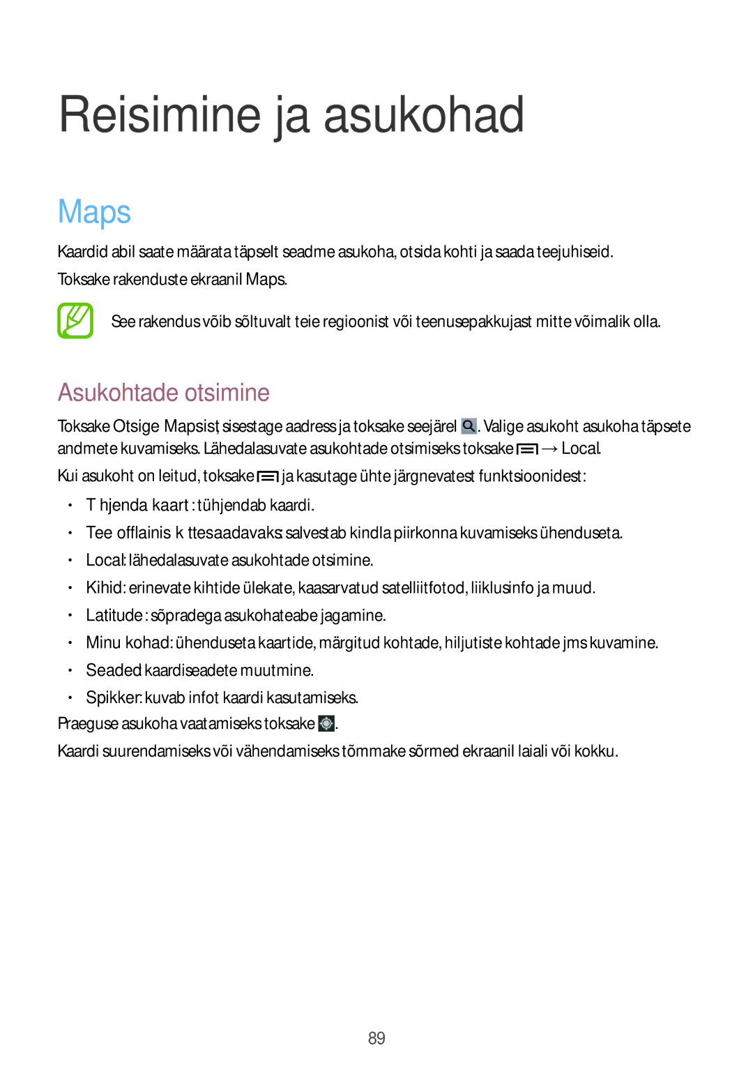 Samsung SM-T3100MKASEB, SM-T3100ZWASEB manual Reisimine ja asukohad, Maps, Asukohtade otsimine 