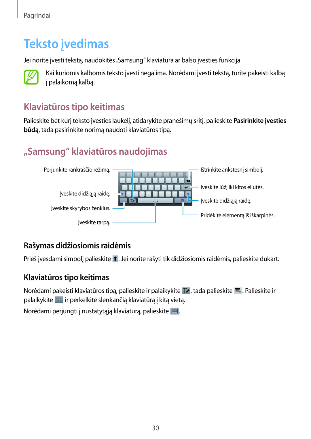 Samsung SM-T3100ZWASEB, SM-T3100MKASEB manual Teksto įvedimas, Klaviatūros tipo keitimas, „Samsung klaviatūros naudojimas 