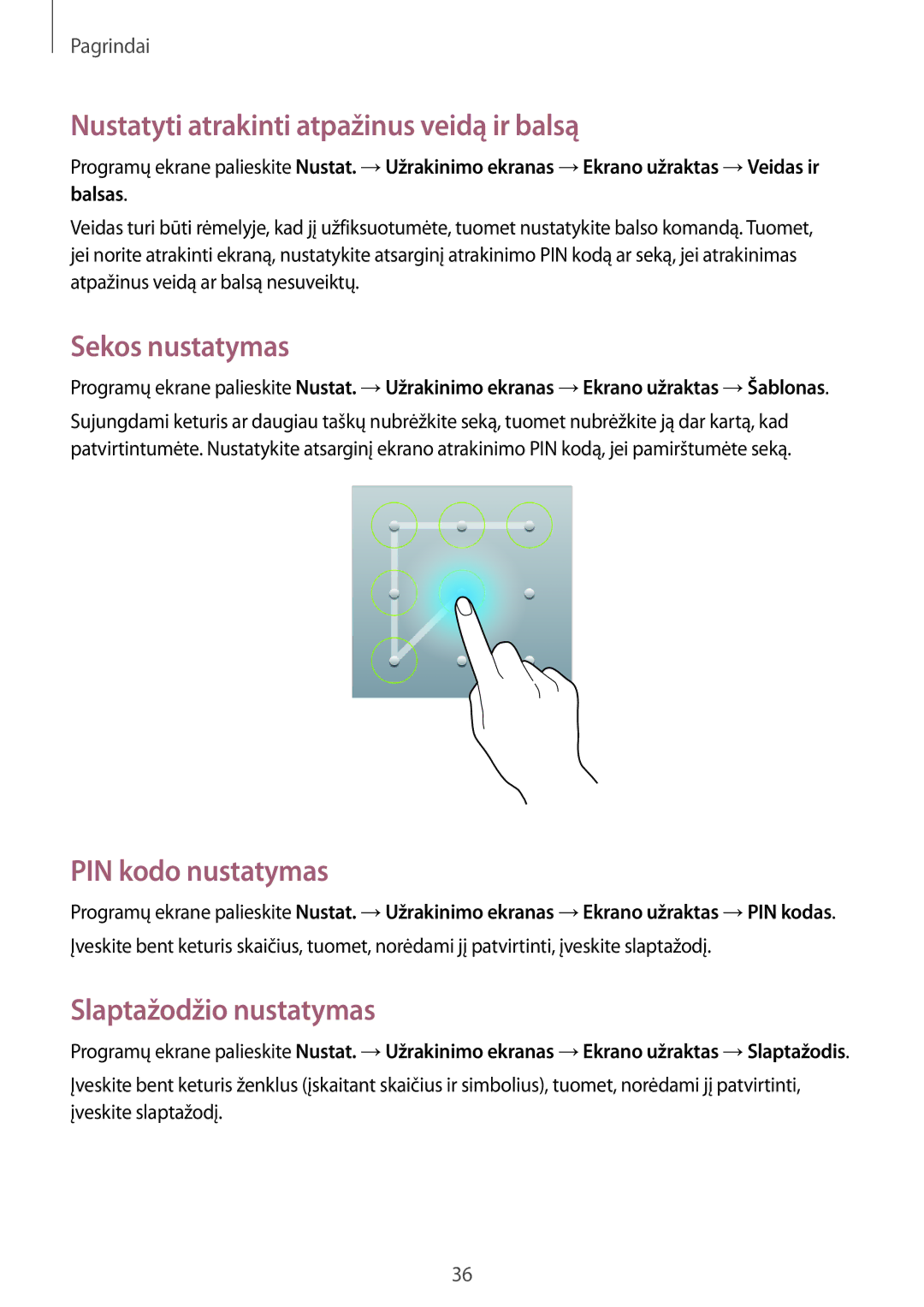 Samsung SM-T3100ZWASEB, SM-T3100MKASEB Nustatyti atrakinti atpažinus veidą ir balsą, Sekos nustatymas, PIN kodo nustatymas 