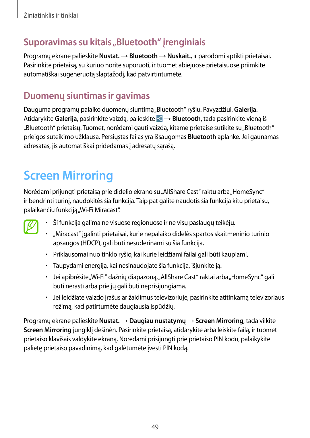 Samsung SM-T3100MKASEB manual Screen Mirroring, Suporavimas su kitais„Bluetooth įrenginiais, Duomenų siuntimas ir gavimas 