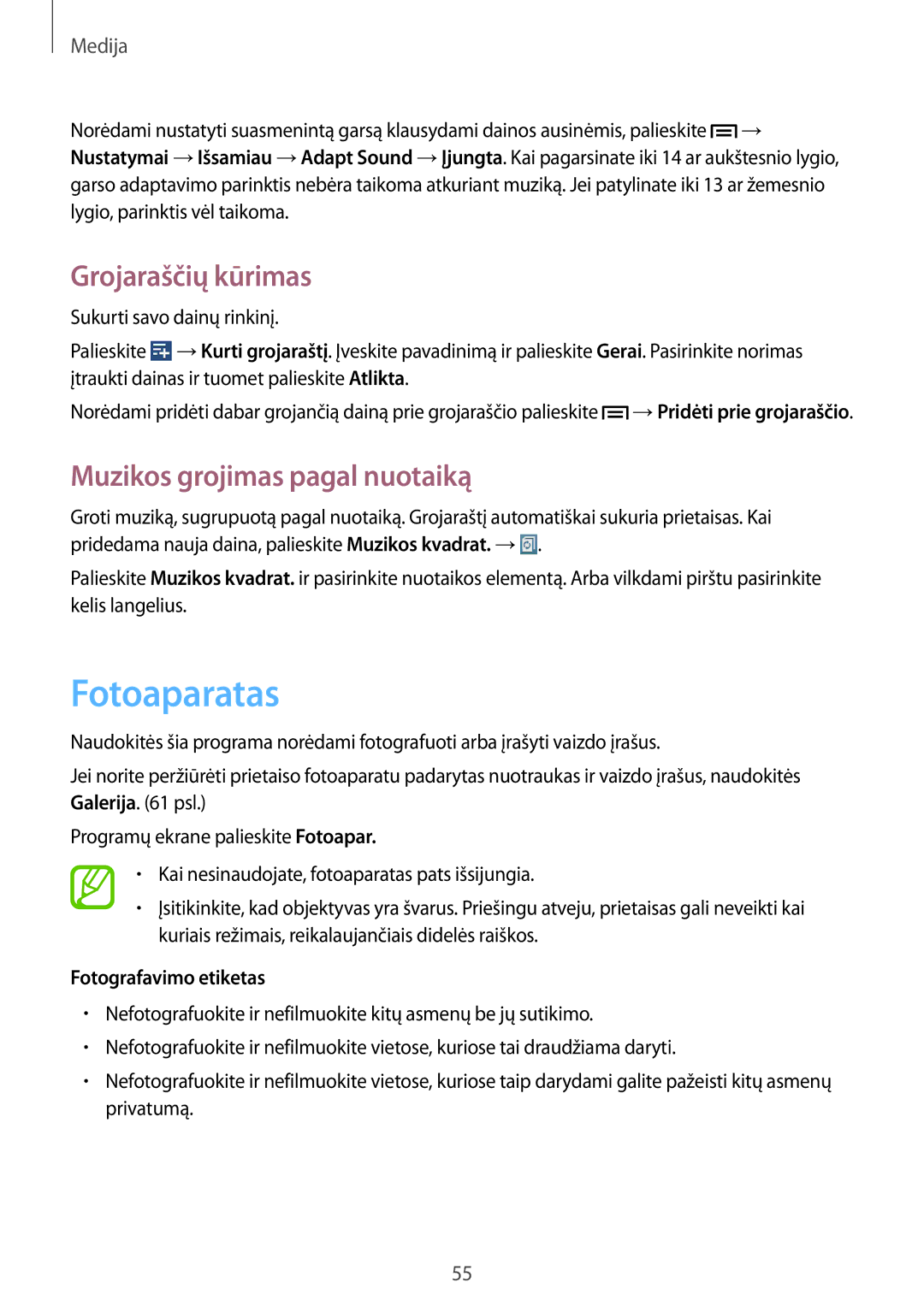 Samsung SM-T3100MKASEB manual Fotoaparatas, Grojaraščių kūrimas, Muzikos grojimas pagal nuotaiką, Fotografavimo etiketas 