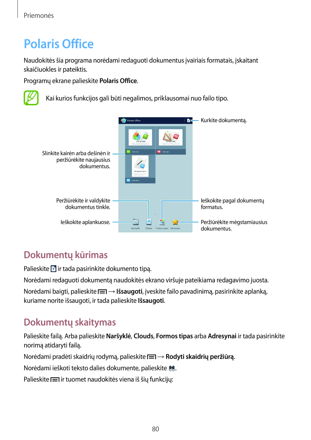 Samsung SM-T3100ZWASEB, SM-T3100MKASEB manual Polaris Office, Dokumentų kūrimas, Dokumentų skaitymas 
