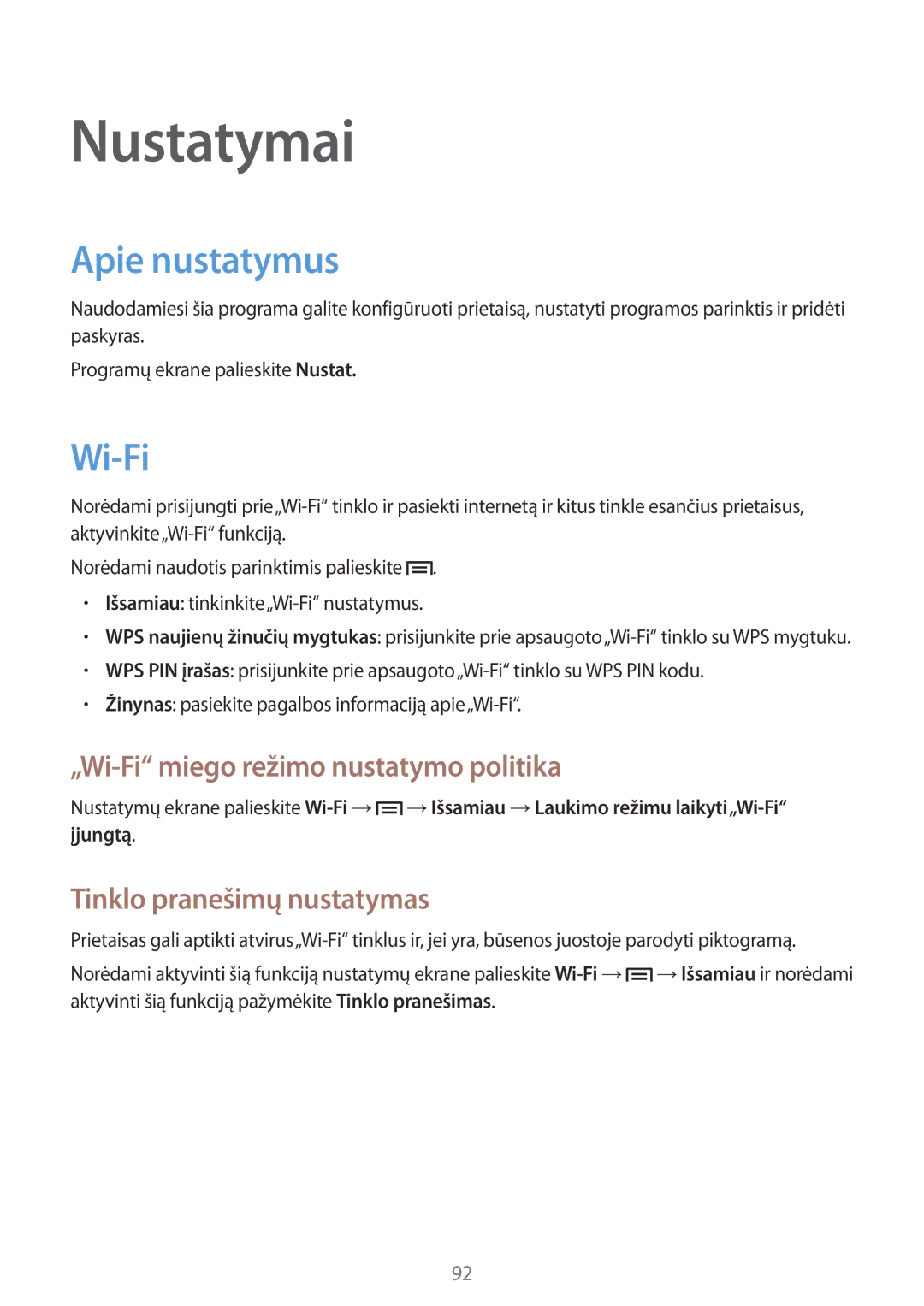 Samsung SM-T3100ZWASEB, SM-T3100MKASEB manual Nustatymai, Apie nustatymus, „Wi-Fi miego režimo nustatymo politika 