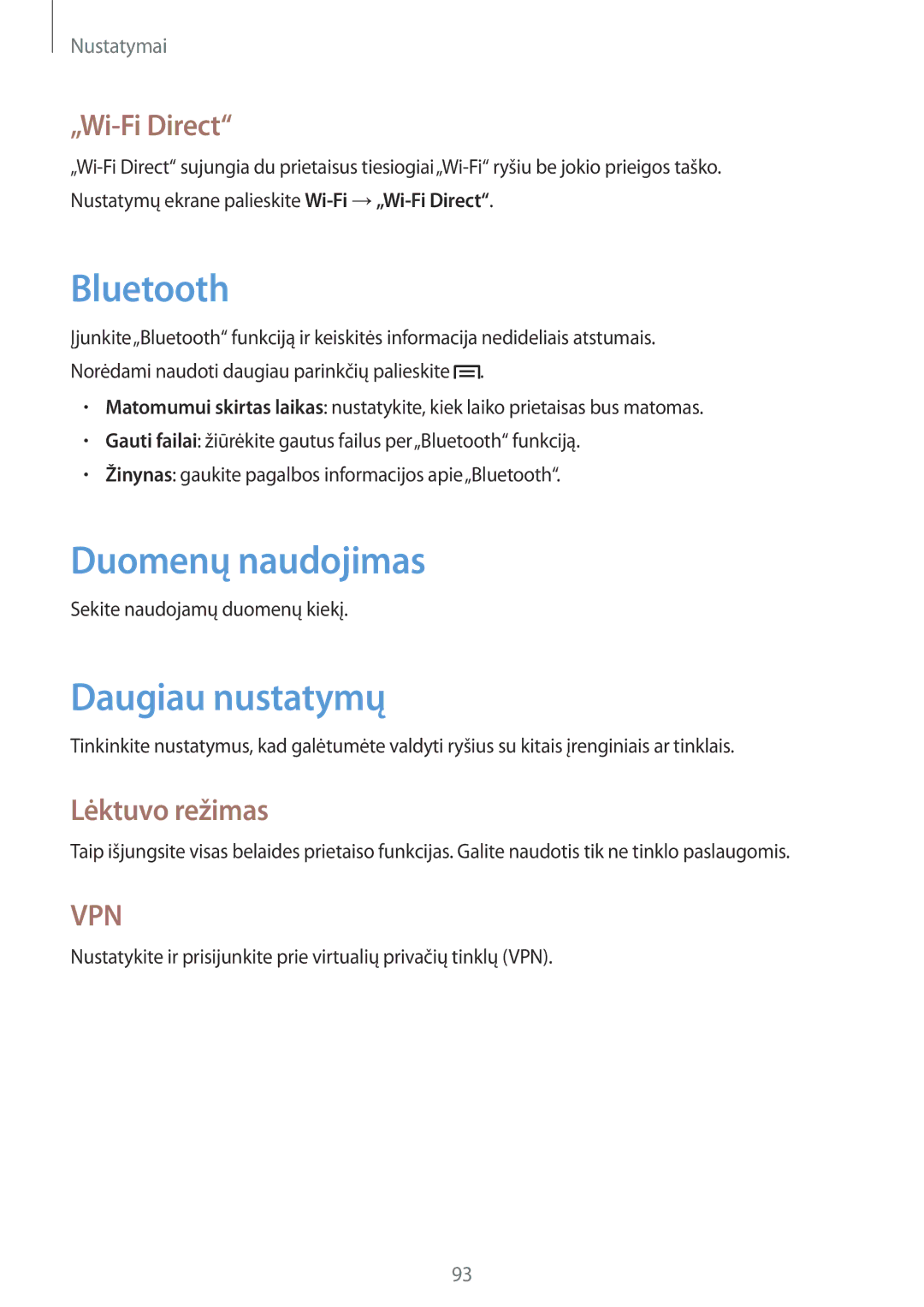 Samsung SM-T3100MKASEB, SM-T3100ZWASEB manual Duomenų naudojimas, Daugiau nustatymų, „Wi-Fi Direct, Lėktuvo režimas 