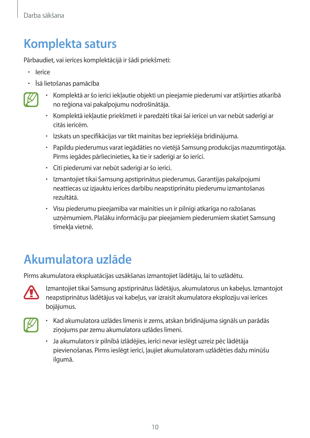 Samsung SM-T3100ZWASEB, SM-T3100MKASEB manual Komplekta saturs, Akumulatora uzlāde 