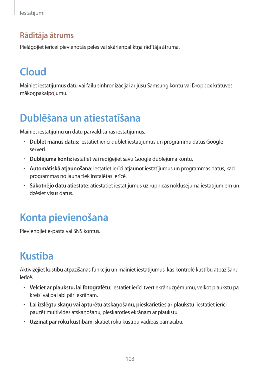 Samsung SM-T3100MKASEB, SM-T3100ZWASEB manual Dublēšana un atiestatīšana, Konta pievienošana, Kustība, Rādītāja ātrums 