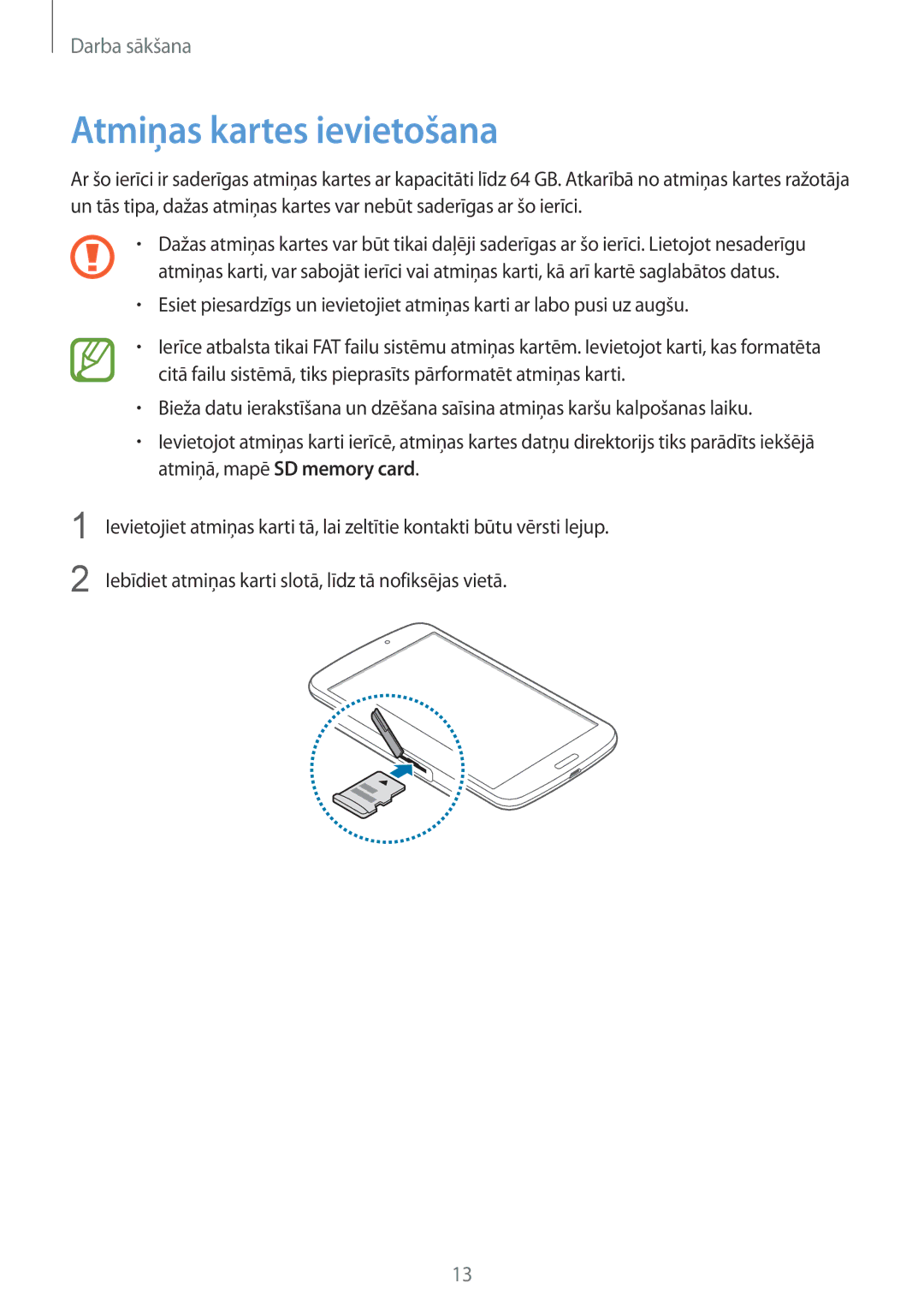 Samsung SM-T3100MKASEB, SM-T3100ZWASEB manual Atmiņas kartes ievietošana 
