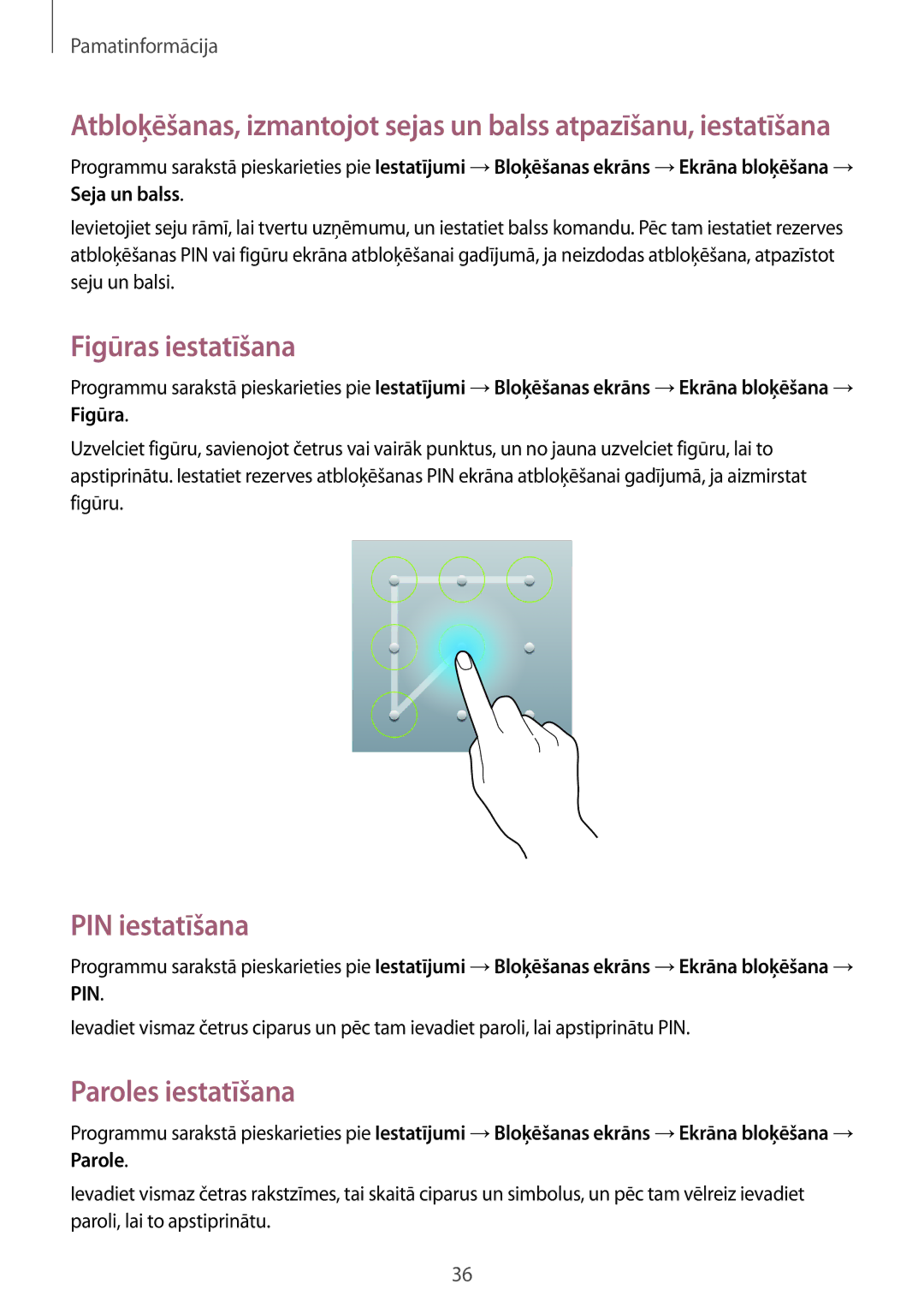 Samsung SM-T3100ZWASEB, SM-T3100MKASEB manual Figūras iestatīšana, PIN iestatīšana, Paroles iestatīšana 