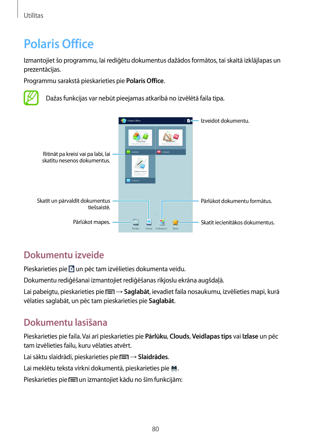 Samsung SM-T3100ZWASEB, SM-T3100MKASEB manual Polaris Office, Dokumentu izveide, Dokumentu lasīšana 
