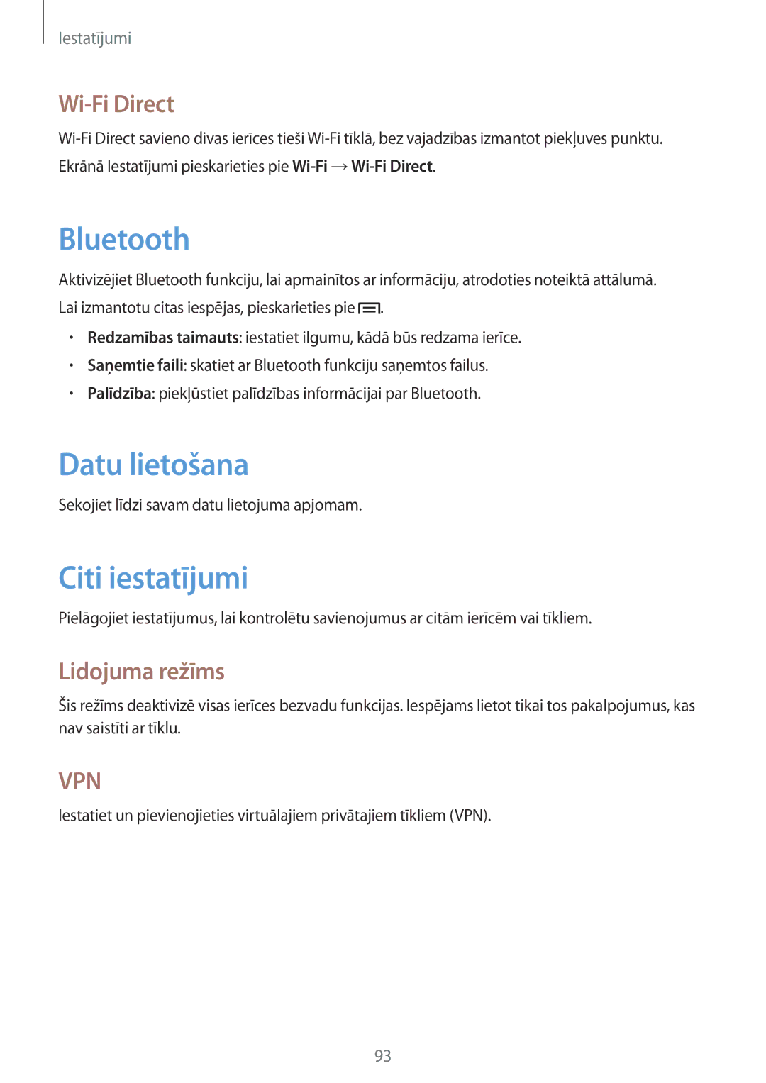 Samsung SM-T3100MKASEB, SM-T3100ZWASEB manual Datu lietošana, Citi iestatījumi, Wi-Fi Direct, Lidojuma režīms 