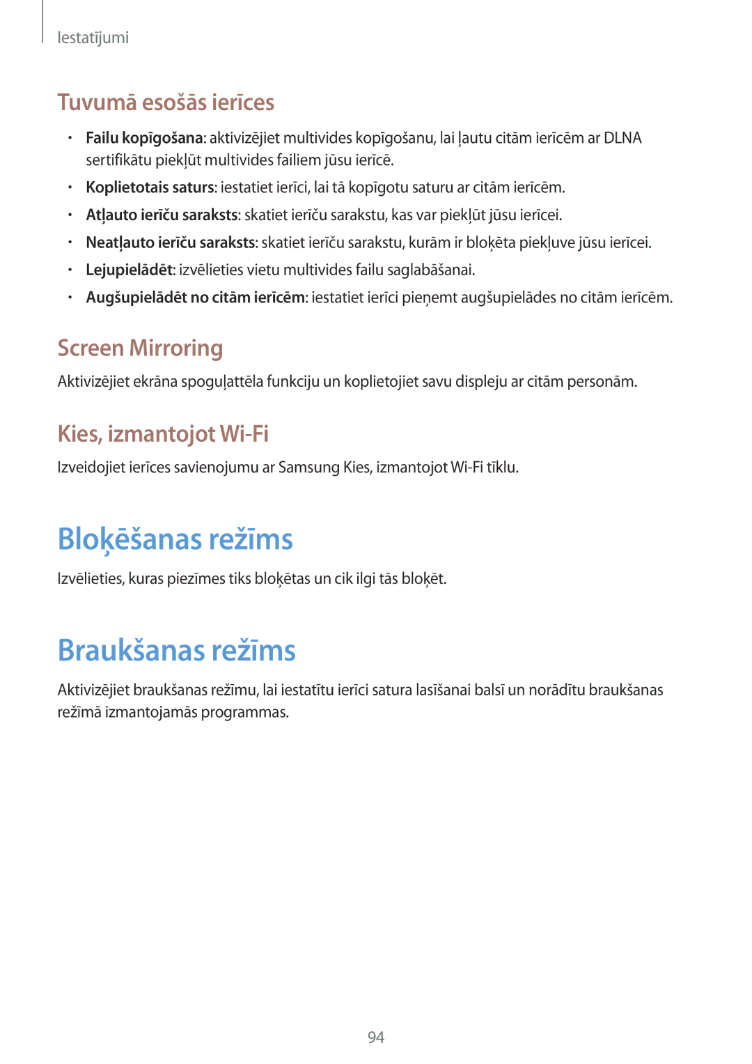 Samsung SM-T3100ZWASEB, SM-T3100MKASEB manual Bloķēšanas režīms, Braukšanas režīms, Tuvumā esošās ierīces, Screen Mirroring 