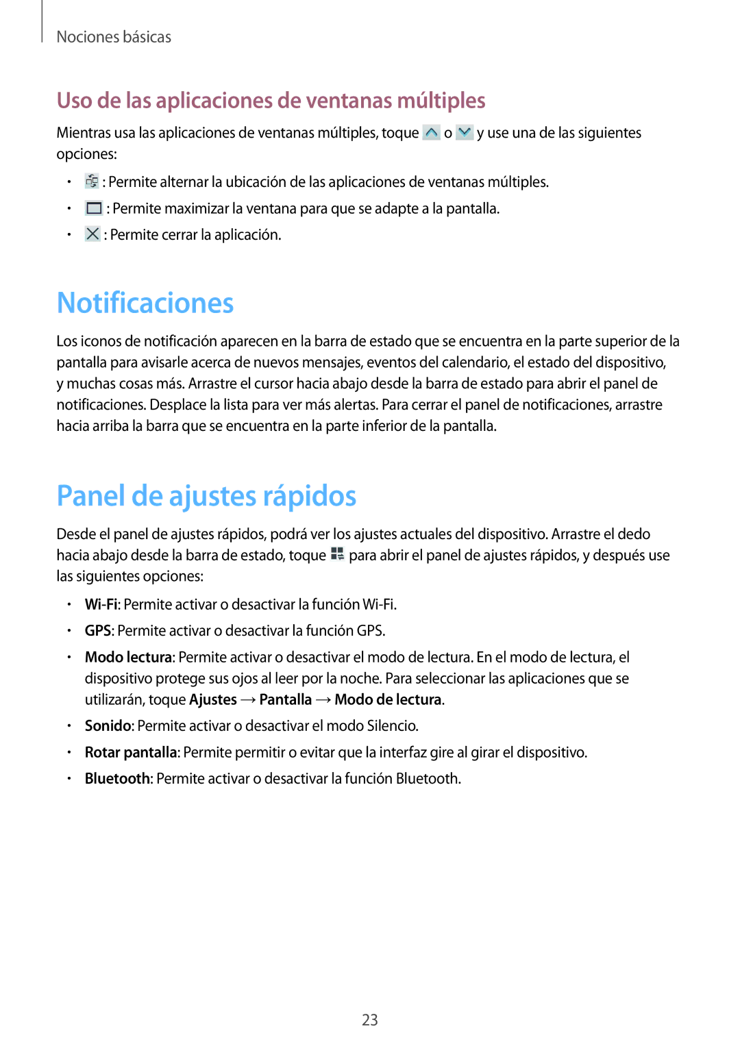 Samsung SM-T3100MKAPHE manual Notificaciones, Panel de ajustes rápidos, Uso de las aplicaciones de ventanas múltiples 