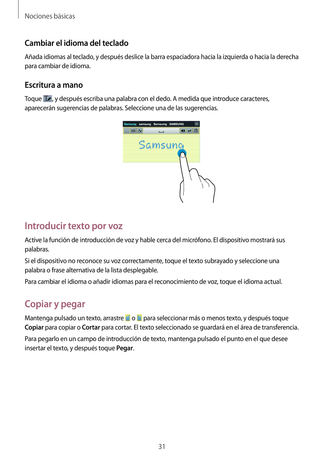 Samsung SM-T3100MKAPHE manual Introducir texto por voz, Copiar y pegar, Cambiar el idioma del teclado, Escritura a mano 