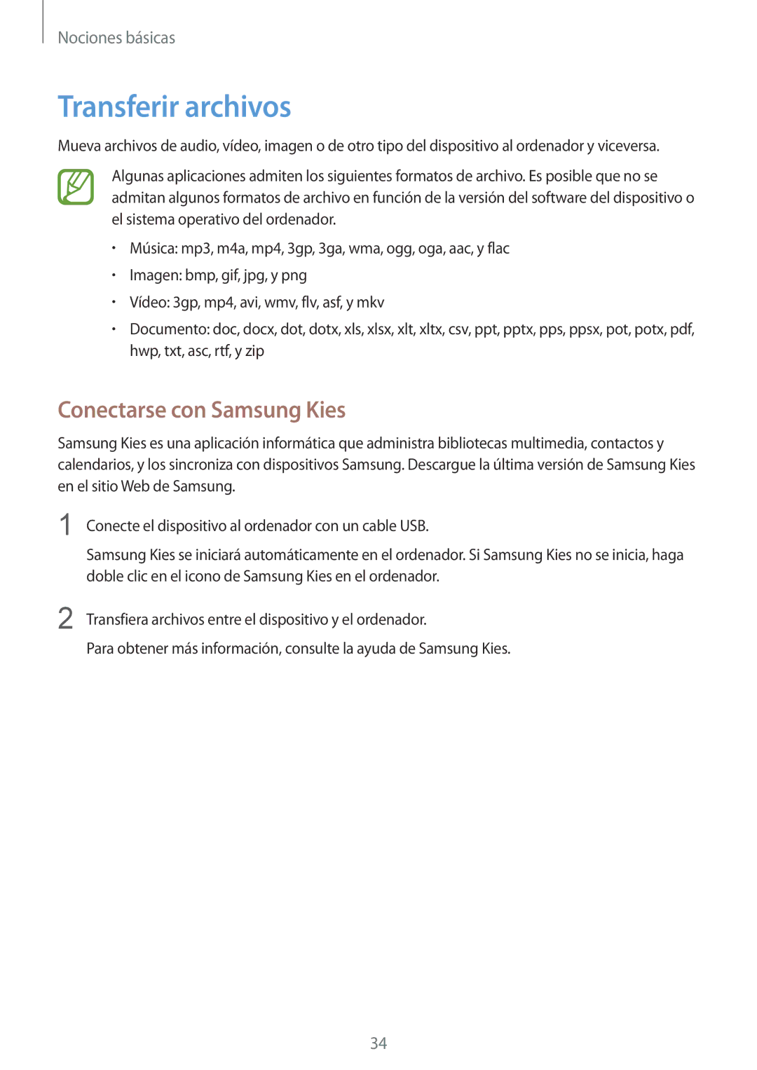 Samsung SM-T3100ZWAPHE, SM-T3100ZWAXEO, SM-T3100MKATPH, SM-T3100GNATPH manual Transferir archivos, Conectarse con Samsung Kies 