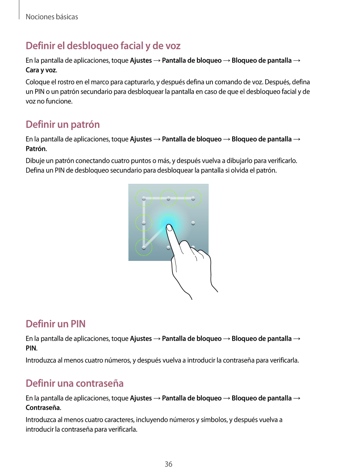 Samsung SM-T3100GNAPHE Definir el desbloqueo facial y de voz, Definir un patrón, Definir un PIN, Definir una contraseña 