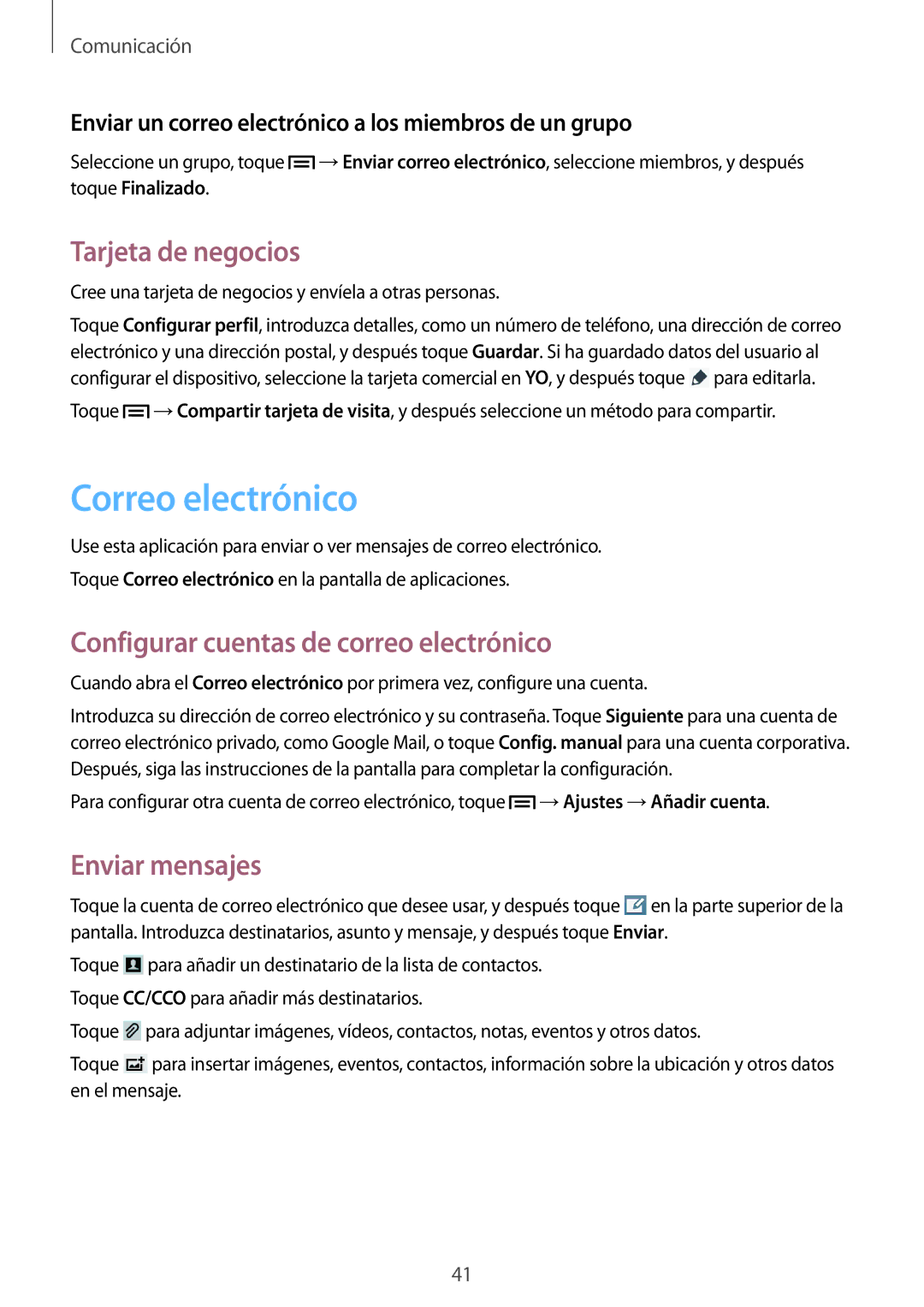 Samsung SM-T3100MKATPH Correo electrónico, Tarjeta de negocios, Configurar cuentas de correo electrónico, Enviar mensajes 