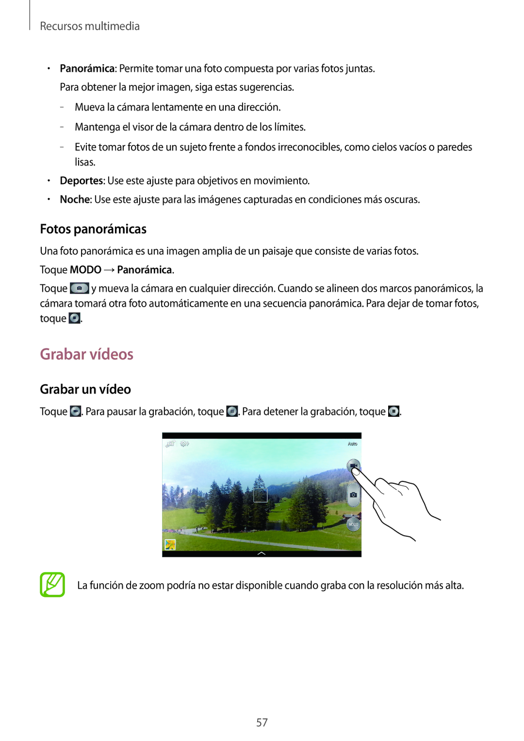 Samsung SM-T3100MKATPH, SM-T3100ZWAXEO, SM-T3100ZWAPHE, SM-T3100GNATPH Grabar vídeos, Fotos panorámicas, Grabar un vídeo 