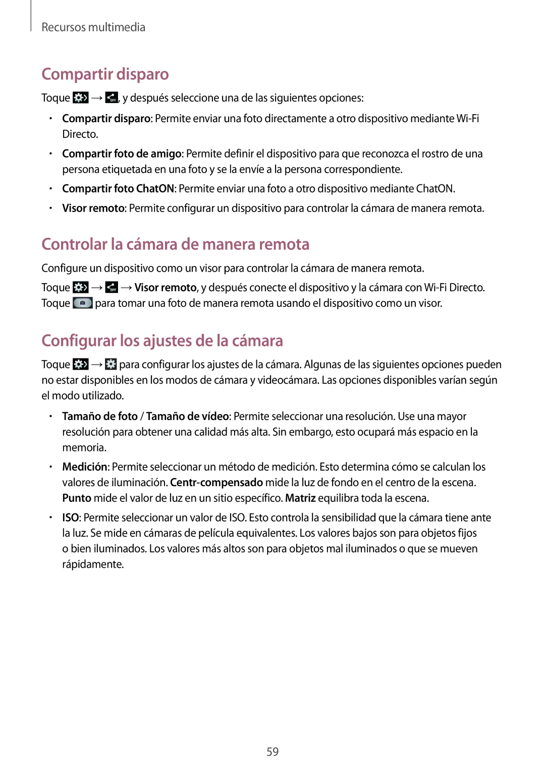 Samsung SM-T3100GNATPH manual Compartir disparo, Controlar la cámara de manera remota, Configurar los ajustes de la cámara 