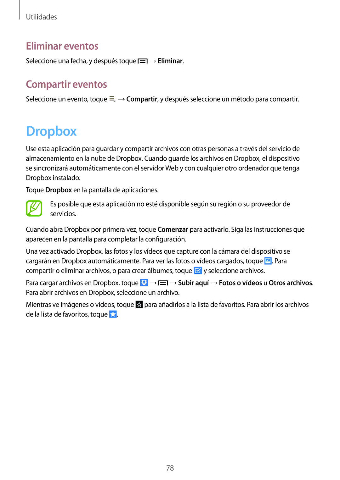 Samsung SM-T3100ZWASEE, SM-T3100ZWAXEO, SM-T3100MKATPH, SM-T3100ZWAPHE manual Dropbox, Eliminar eventos, Compartir eventos 