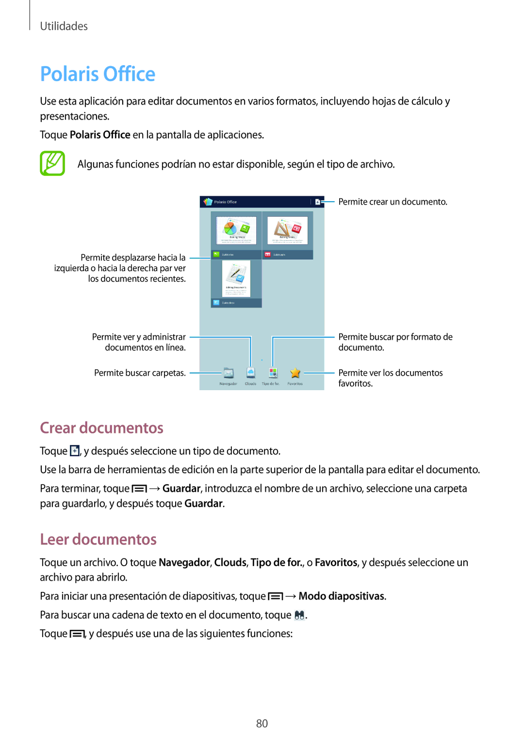 Samsung SM-T3100ZWAXEO, SM-T3100MKATPH, SM-T3100ZWAPHE, SM-T3100GNATPH Polaris Office, Crear documentos, Leer documentos 