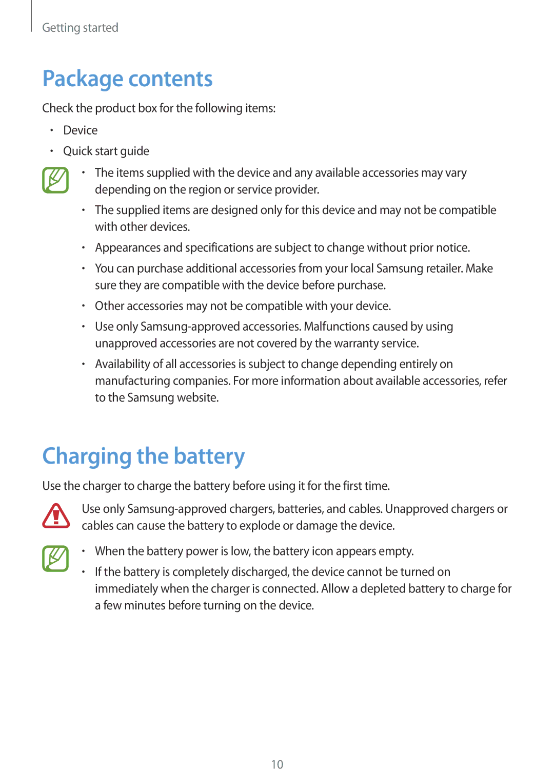 Samsung SM-T3100GNEATO, SM-T3100ZWAXEO, SM-T3100MKEATO, SM-T3100ZWATUR, SM-T3100ZWAATO Package contents, Charging the battery 