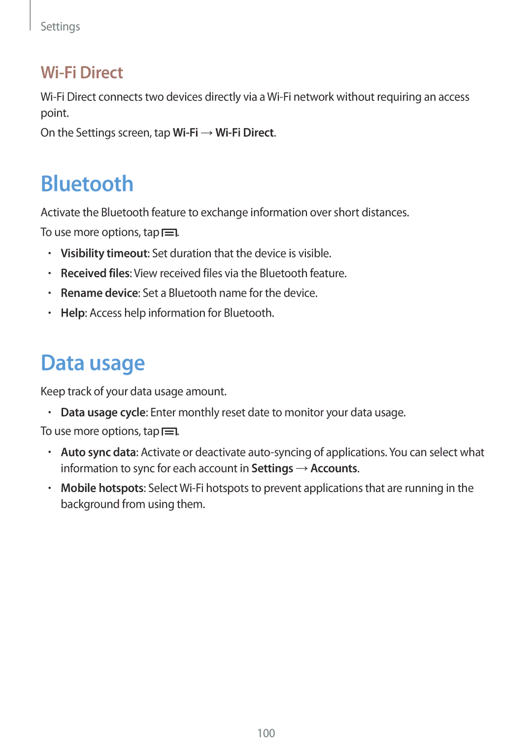 Samsung SM-T3100ZWASEB, SM-T3100ZWAXEO, SM-T3100MKEATO, SM-T3100ZWATUR, SM-T3100ZWAATO manual Data usage, Wi-Fi Direct 