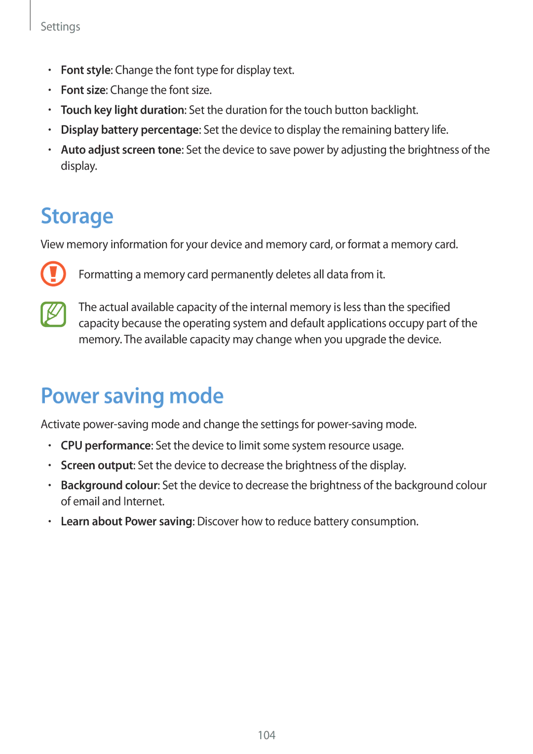 Samsung SM-T3100ZWACYO, SM-T3100ZWAXEO, SM-T3100MKEATO, SM-T3100ZWATUR, SM-T3100ZWAATO manual Storage, Power saving mode 