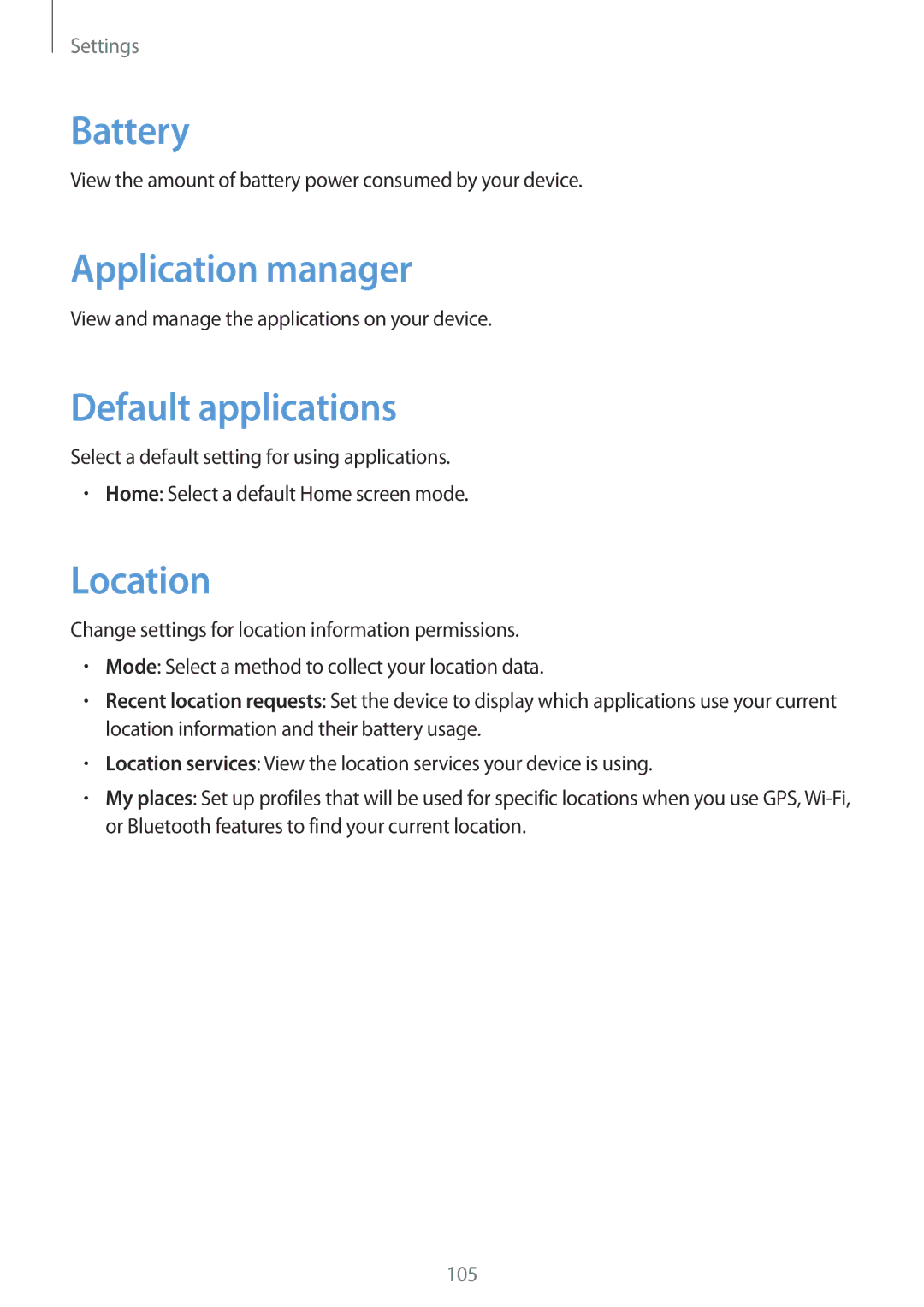 Samsung SM-T3100ZWAXEH, SM-T3100ZWAXEO, SM-T3100MKEATO manual Battery, Application manager, Default applications, Location 