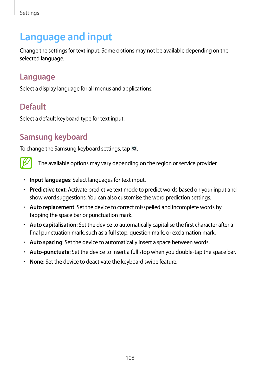 Samsung SM-T3100GNASER, SM-T3100ZWAXEO, SM-T3100MKEATO, SM-T3100ZWATUR manual Language and input, Default, Samsung keyboard 